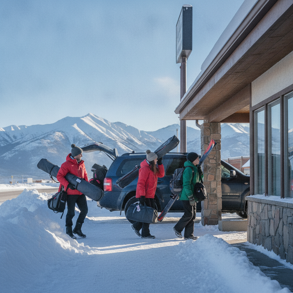 Family unloading ski gear at a North Conway motel base with mountain views, a flexible alternative to traditional ski lodges