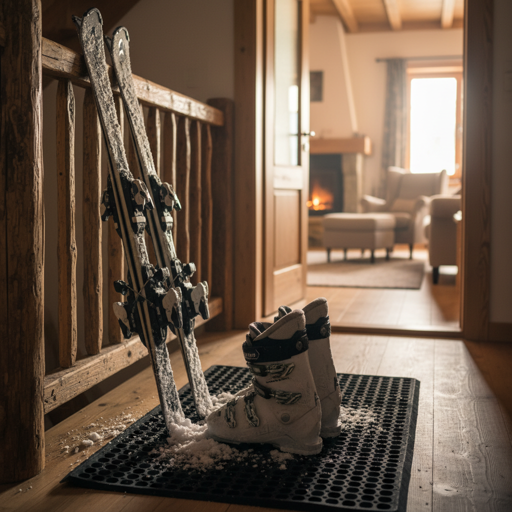 Close-up of ski gear by a North Conway motel room entrance, ideal for a ski lodge style stay near Cranmore and Attitash