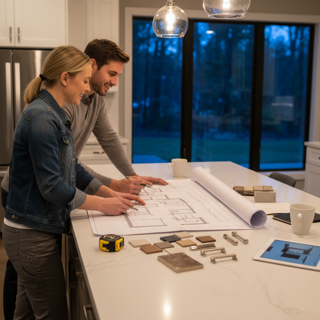 Homeowner and kitchen contractor reviewing remodel floor plans on a quartz island with finish samples