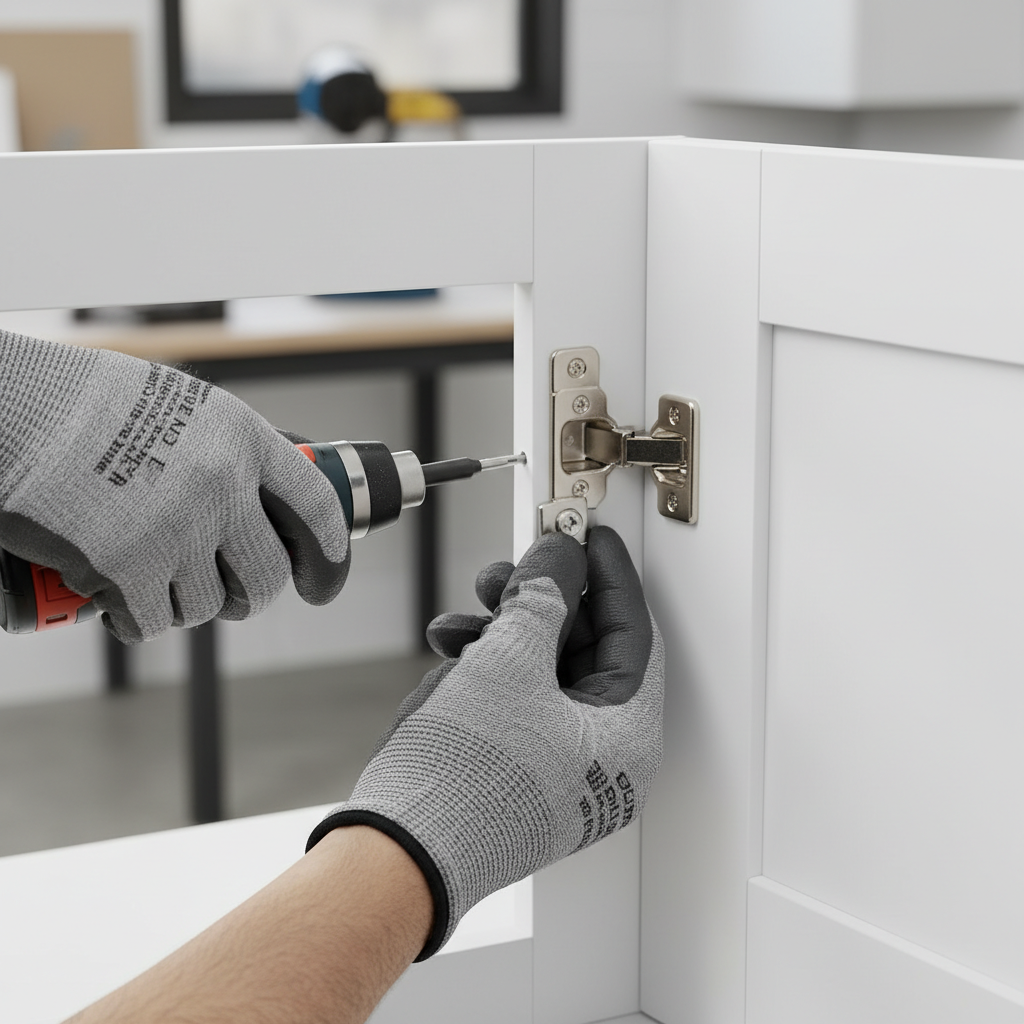 Close-up of a kitchen contractor installing a soft-close cabinet hinge during a GTA kitchen remodel
