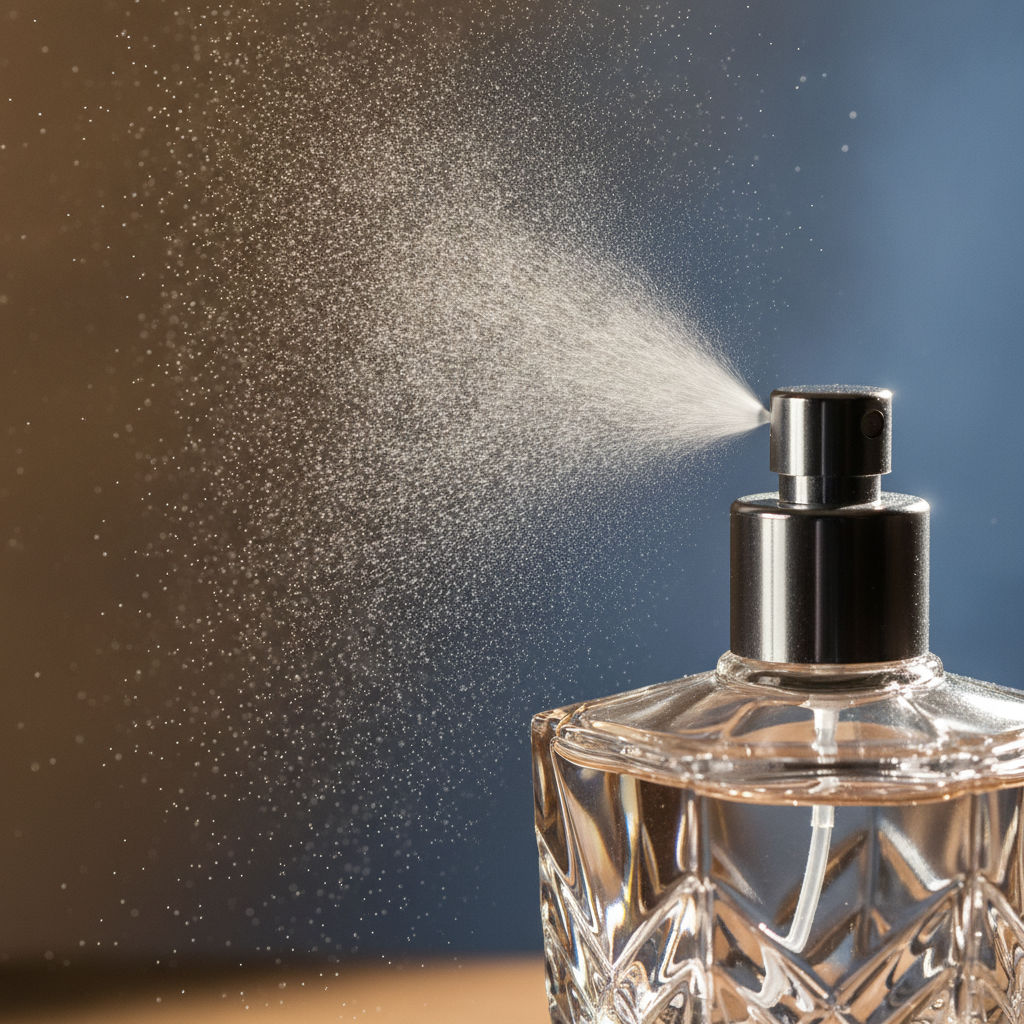 Close-up of a luxury perfume atomizer misting fine spray, representing testing steps in a luxury fragrance collection