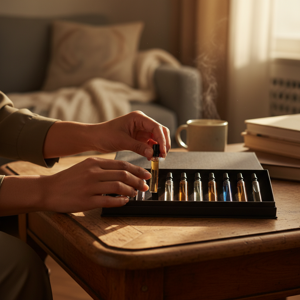 Hands choosing a discovery set vial to build a personalized luxury fragrance collection