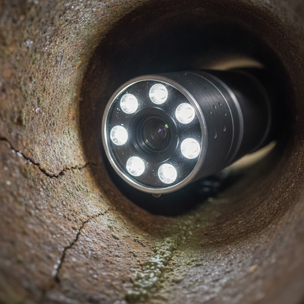 Close-up of sewer camera head entering drain pipe during sewer system inspection, showing scale and hairline crack
