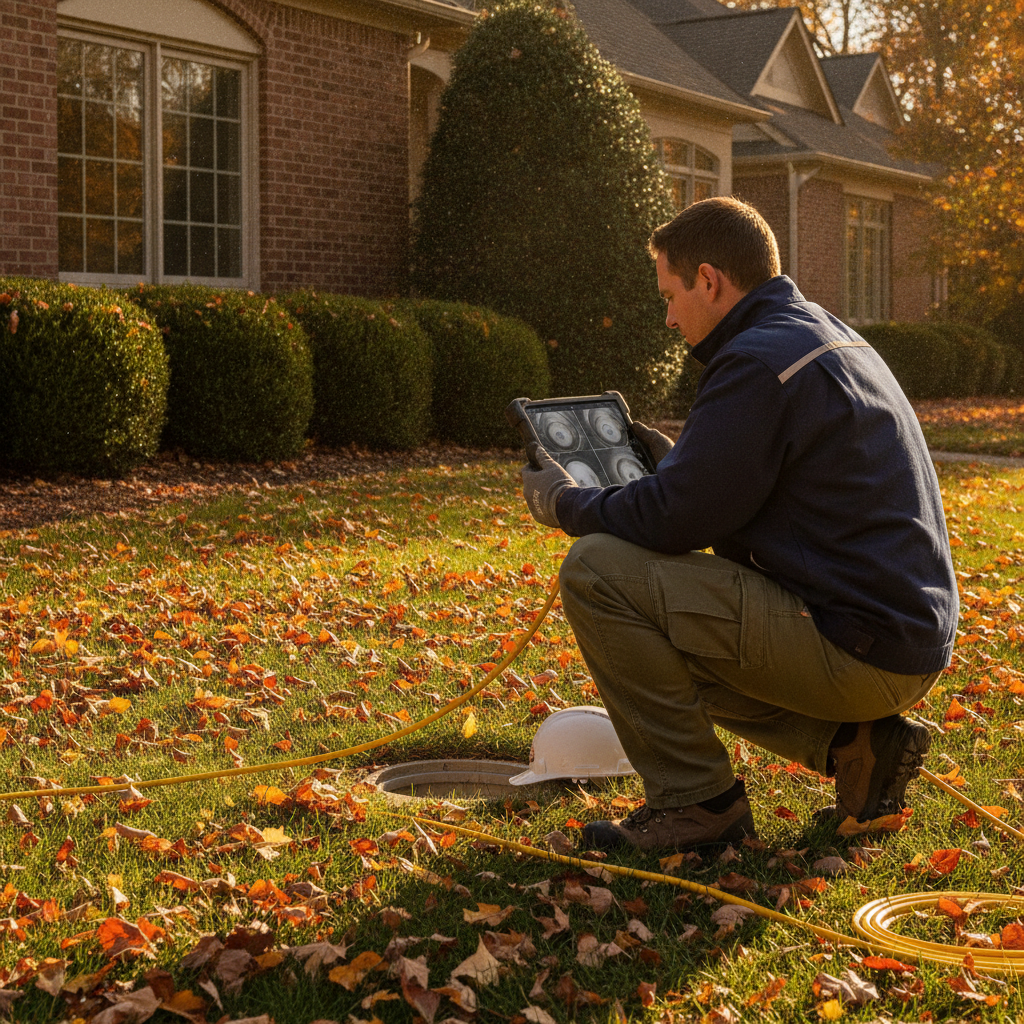 Technician reviewing sewer scope footage on a tablet near a landscaped yard during a residential sewer system inspection