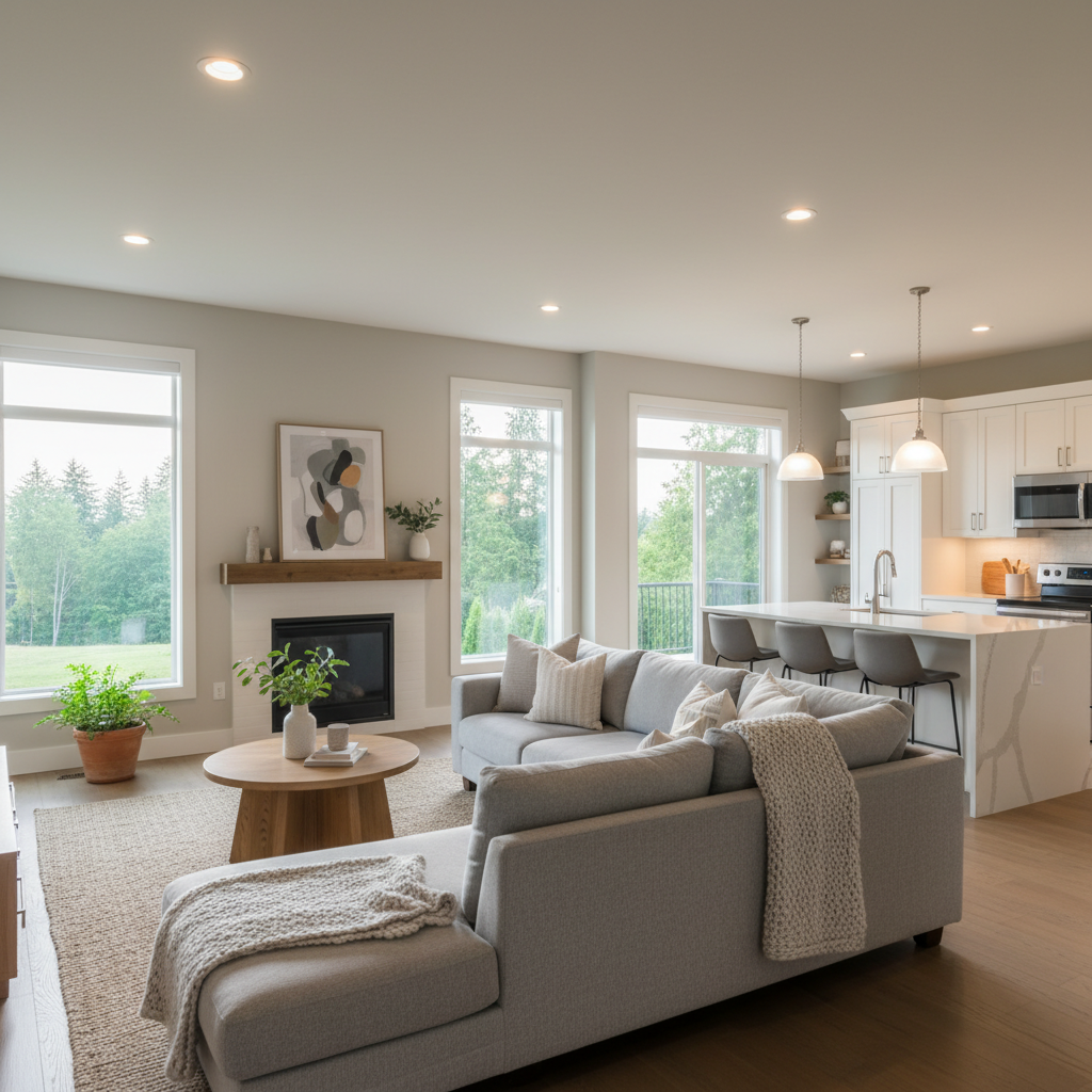 Interior scene of a staged living room in a Surrey, BC home that buyers might see while touring shortlisted neighborhoods
