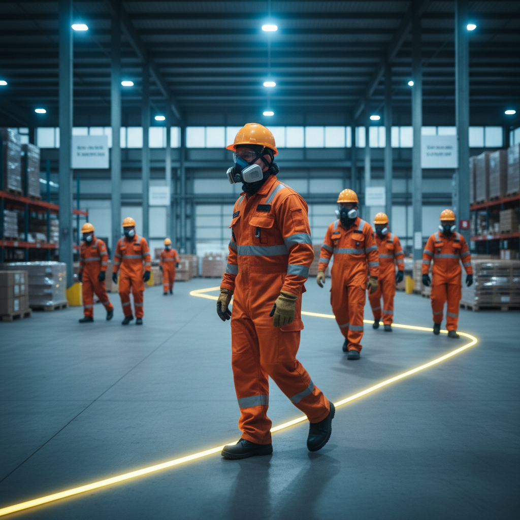 Warehouse fire drill with workers following marked evacuation route and clear fire signage