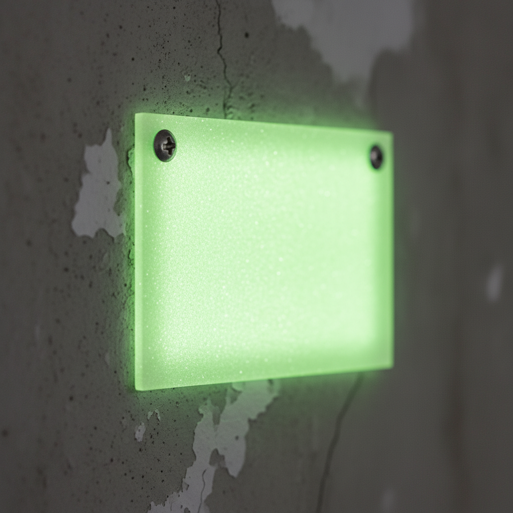 Photoluminescent fire signage material glowing; durable, ANSI-aligned exit route marker for industrial facilities