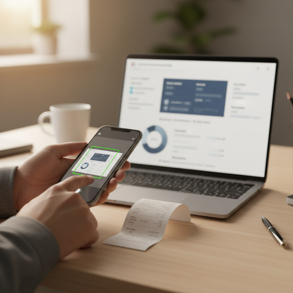 Receipt capture workflow in QuickBooks for small business with smartphone and laptop, demonstrating expense tracking automation