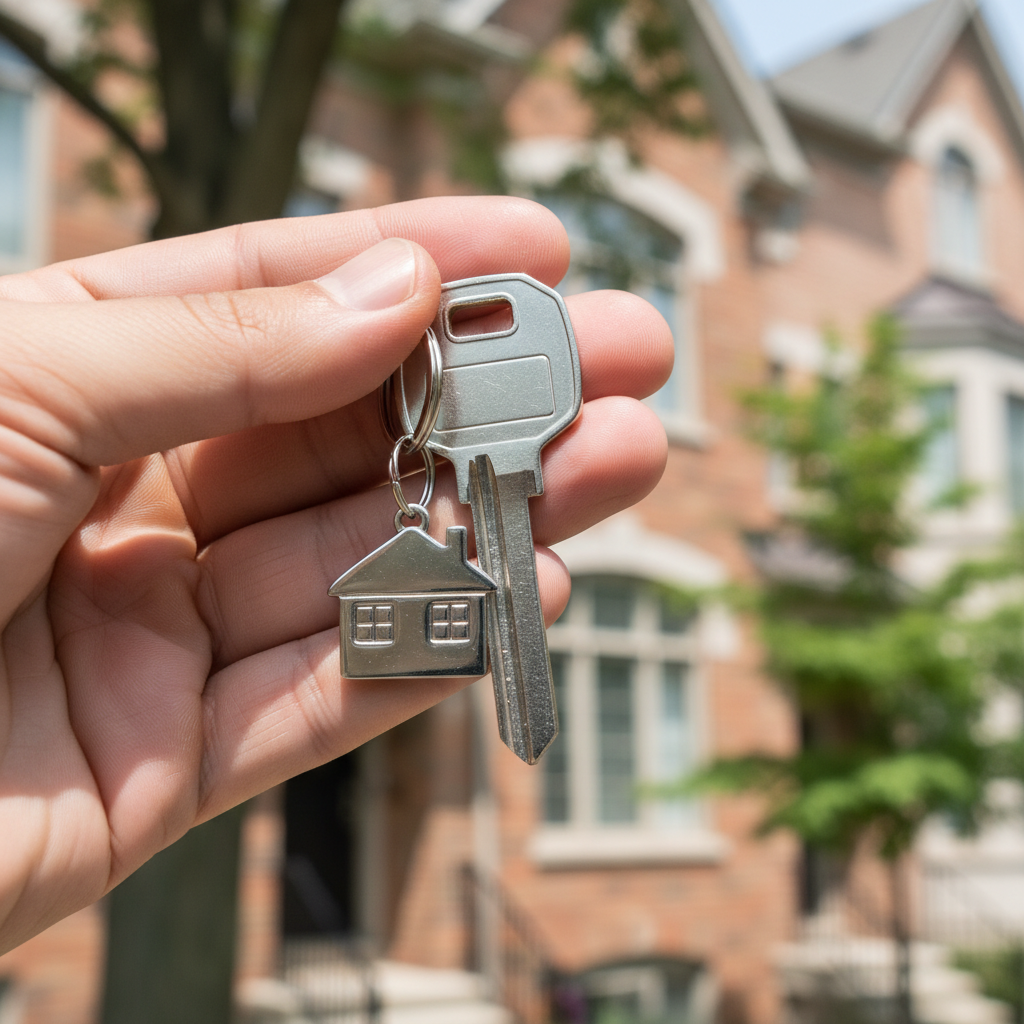 Close-up of new homeowner receiving house keys in Ontario, symbolizing a successful Ontario real estate purchase with Malika Homes guidance