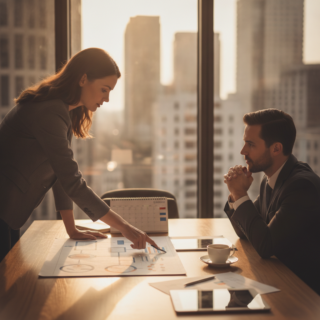 Advisor and business owner reviewing a government contracting flowchart and bid calendar in Toronto