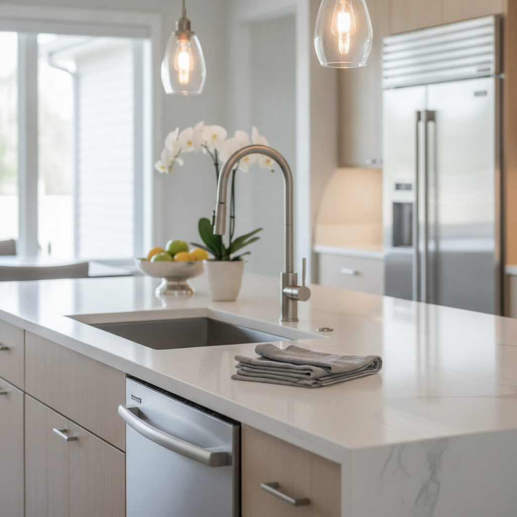 Contemporary kitchen detail in a Summerside Edmonton home for sale with quartz island and stainless appliances
