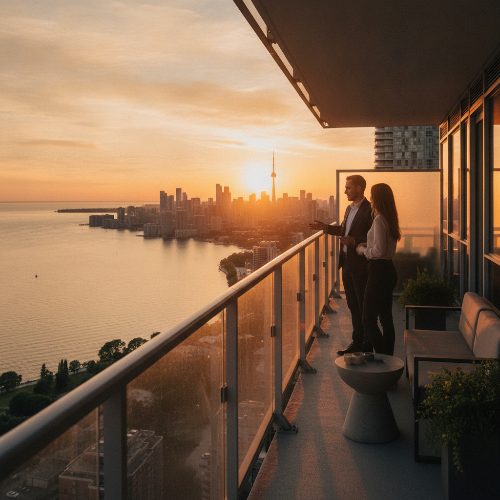 Ontario real estate high-rise condo balcony view over Lake Ontario at sunset, representing condo living options in the GTA
