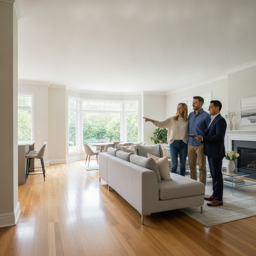 Home tour in a bright Summerside Edmonton living room with open-concept design and large windows