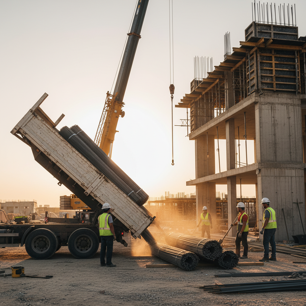 Flatbed truck unloading bundled steel rebar at an Ontario commercial jobsite with crane and formwork visible