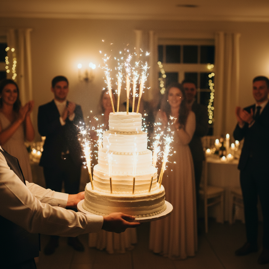 Birthday cake with sparklers arriving to the dance floor during a well-planned birthday party in Greater London