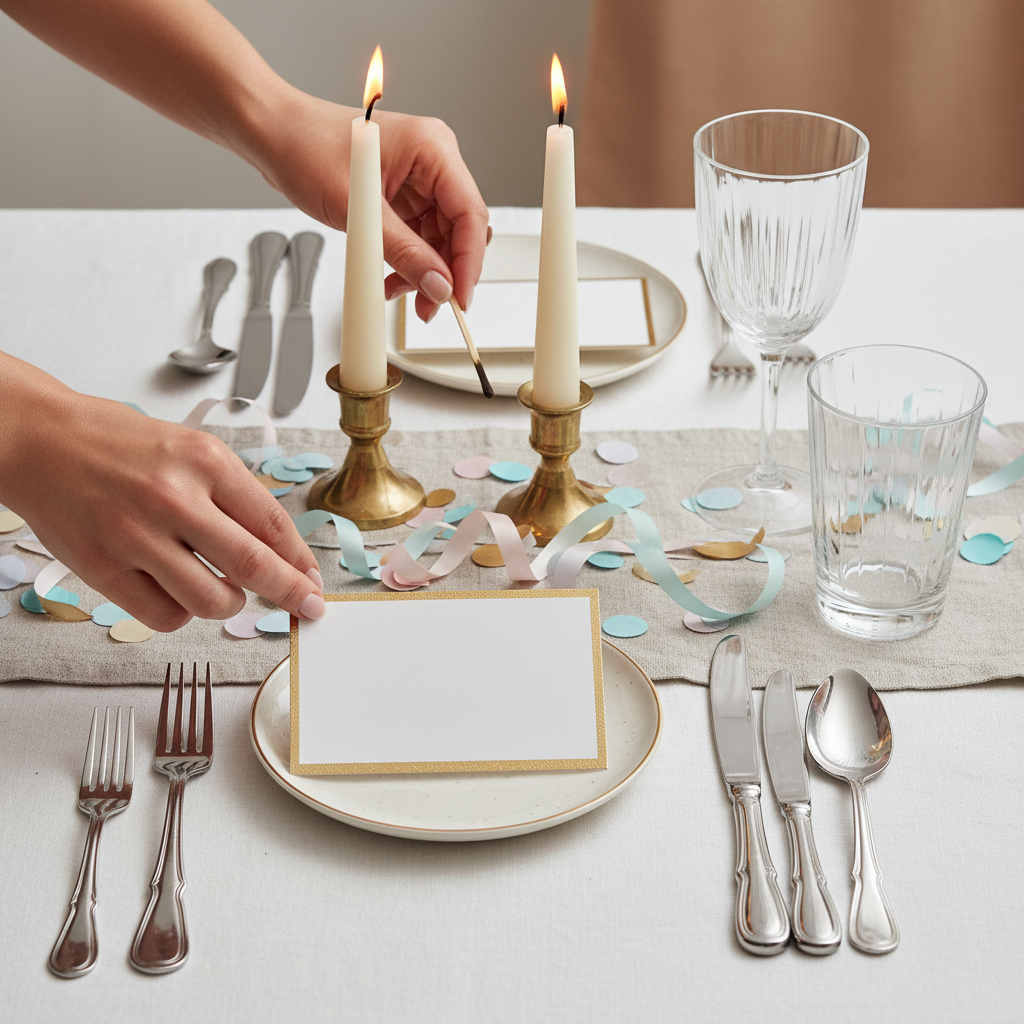 Close-up of a curated birthday tablescape setup while planning a birthday party, showing candles, name cards, and coordinated decor