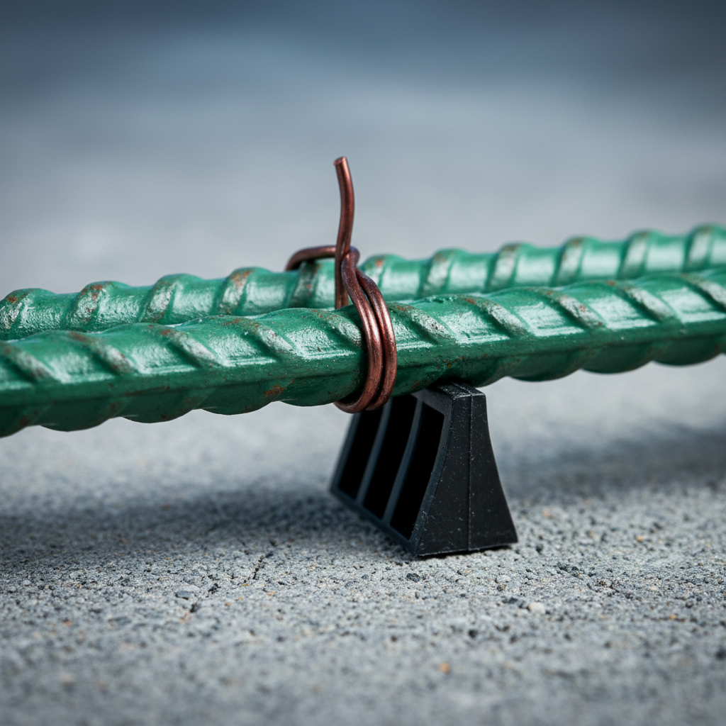 Close-up of epoxy-coated concrete reinforcing bar showing deformations and tie wire on support chair