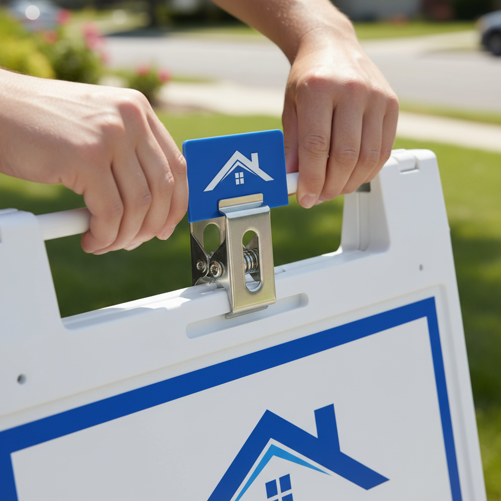 Close-up of attaching a rider clip to a sturdy A-frame open house directional sign for clear wayfinding