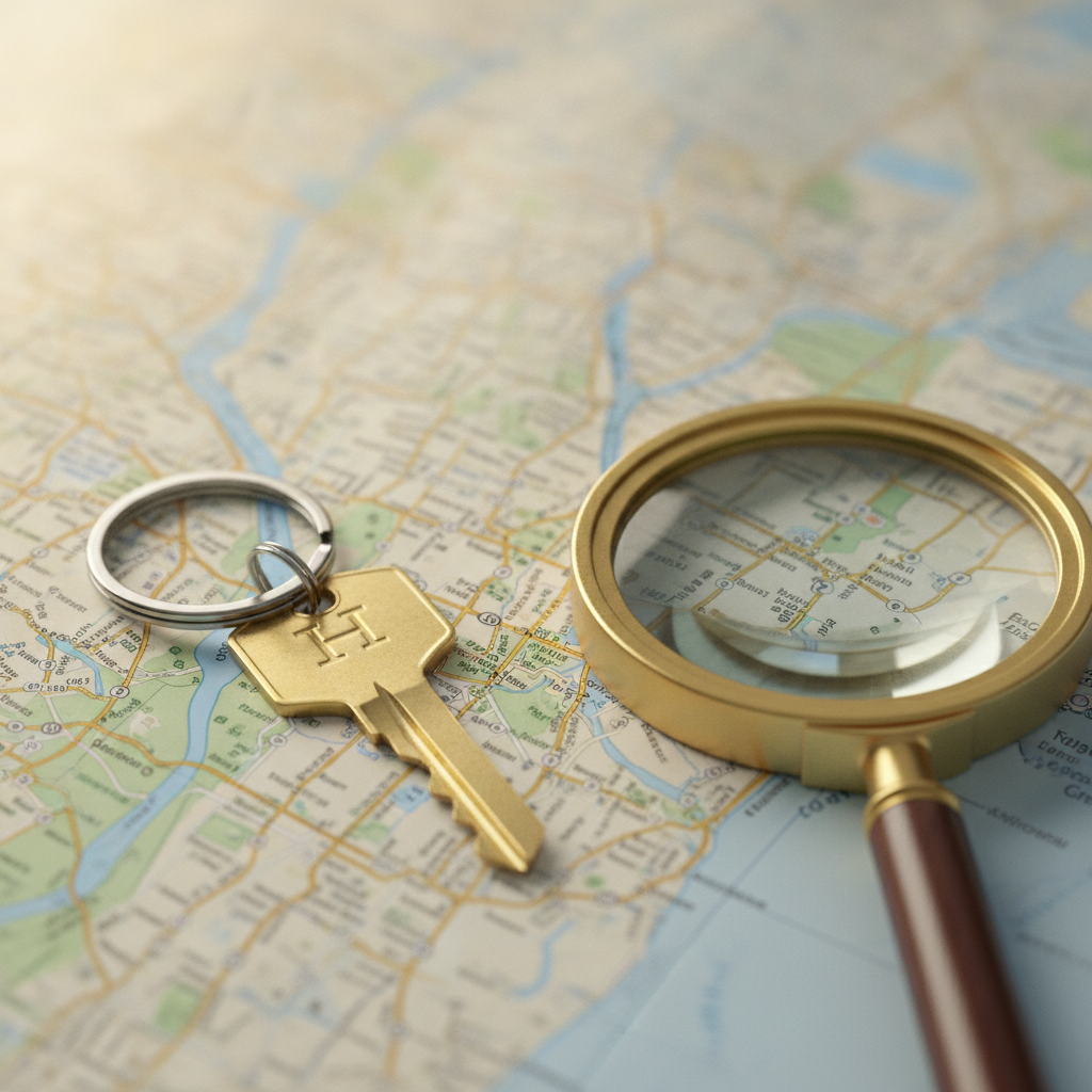Close-up of a house key on a Greater Toronto Area map illustrating Ontario listing and search resources and neighborhood focus