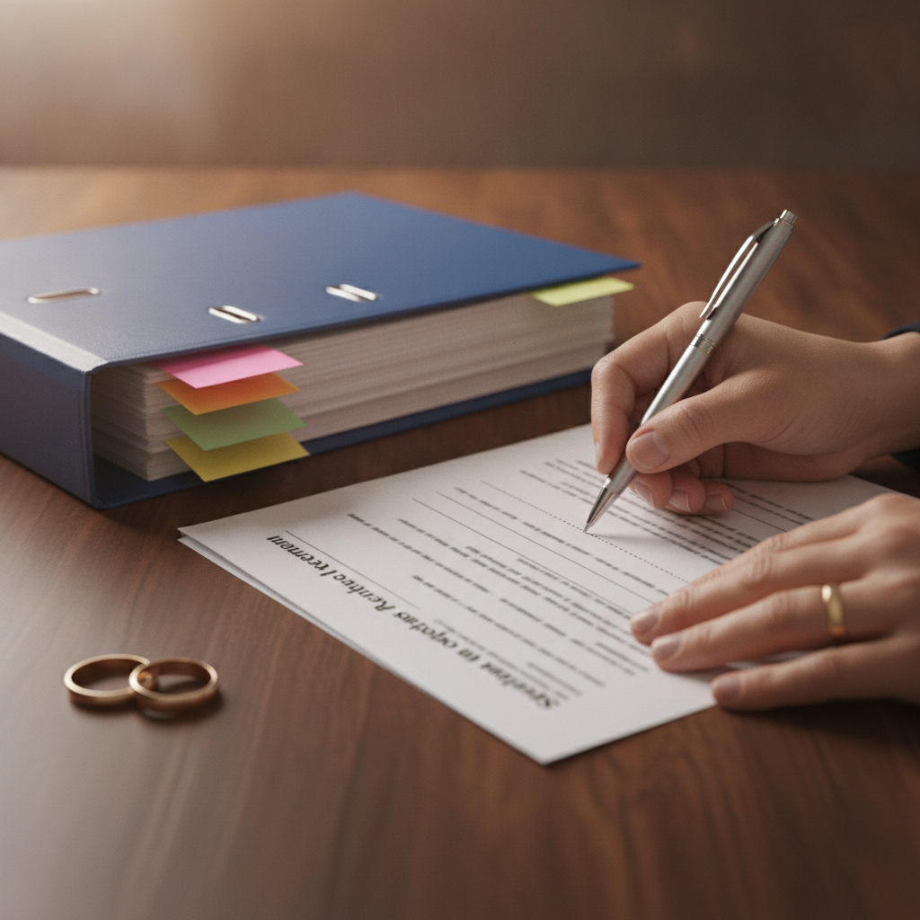 Close-up of a separation agreement being reviewed and signed by a couple with guidance from a family law lawyer in Toronto