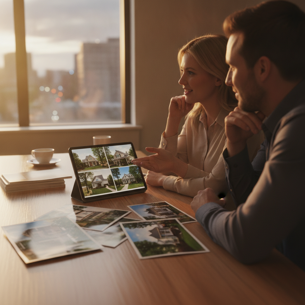 Real estate agent meeting with clients to review Ontario listings and search resources at a bright Toronto office
