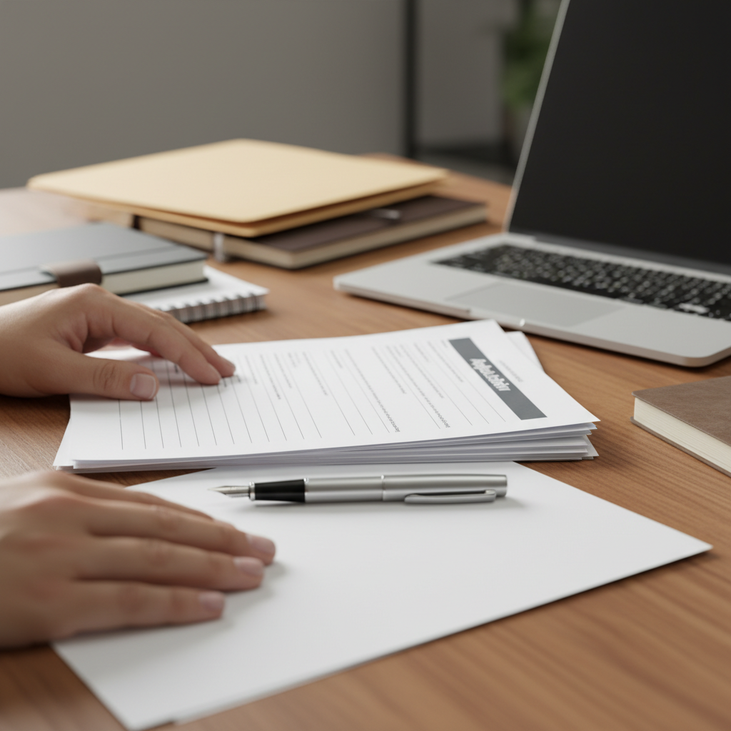 Close-up detail of hands organizing family law documents to prepare for legal aid screening and first meeting