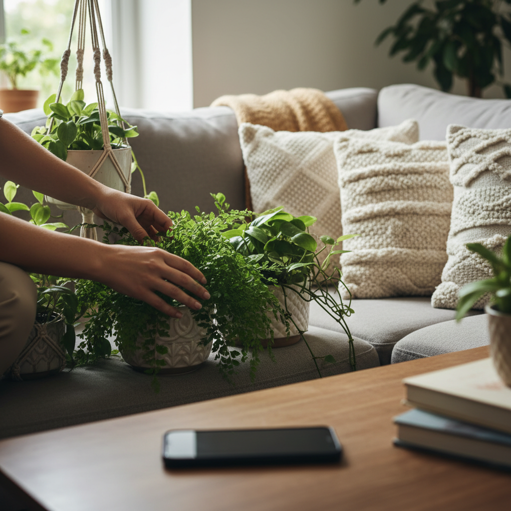 Staging a living room for FSBO: hands arranging plants and cushions, prepping to sell your home on your own with Houseup