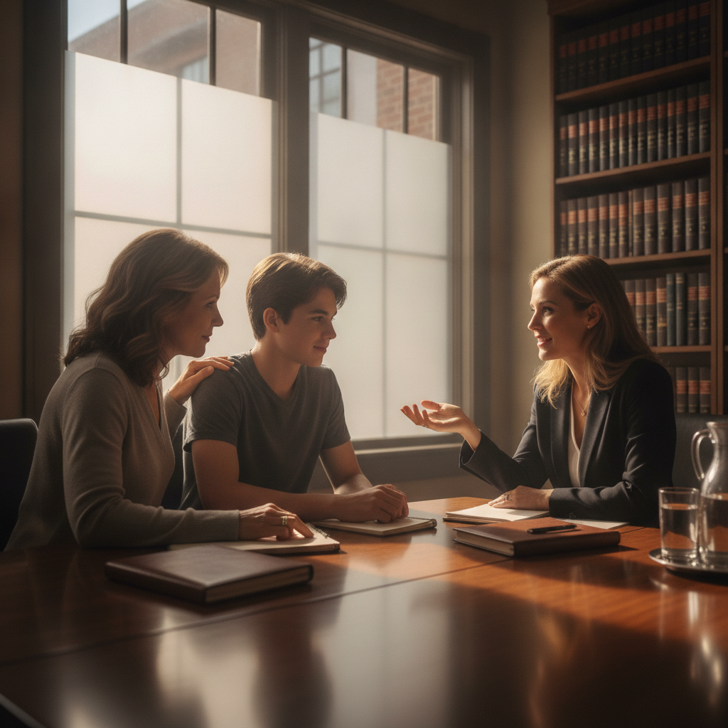 Parent and teenager meeting a family lawyer in a private conference room to discuss parenting time and support options