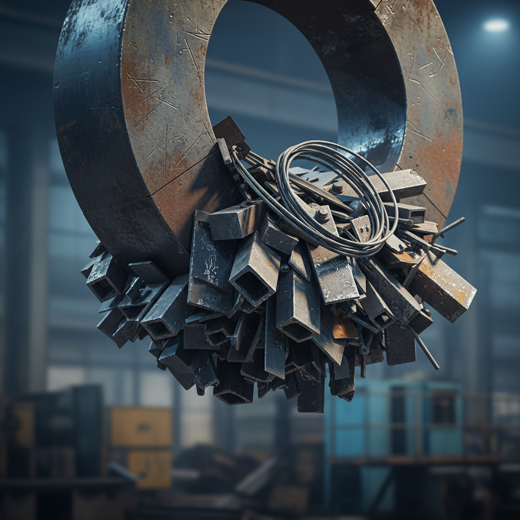 Close-up of an industrial lifting magnet sorting mixed steel for recycling in Toronto