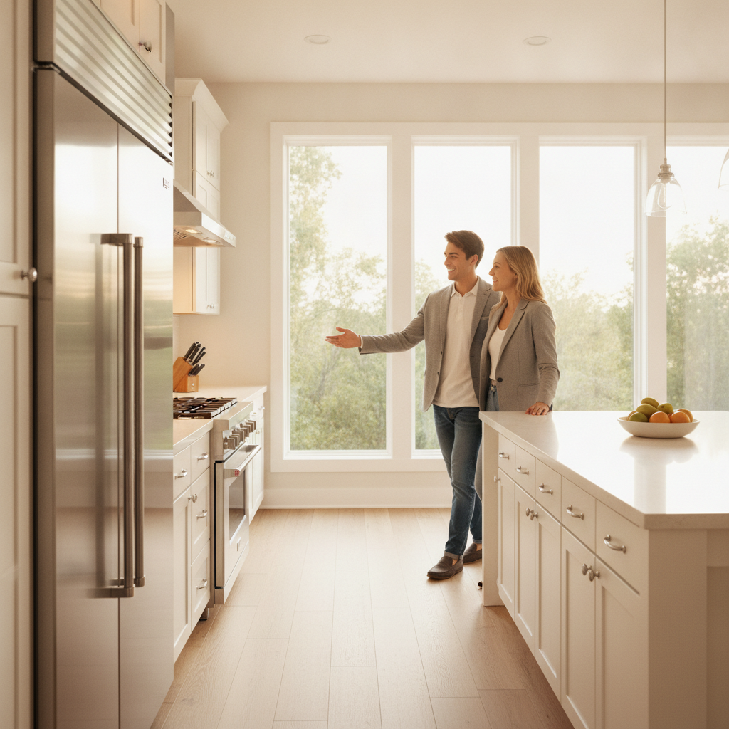 Real estate agent greeting buyers during a focused property tour in Brampton