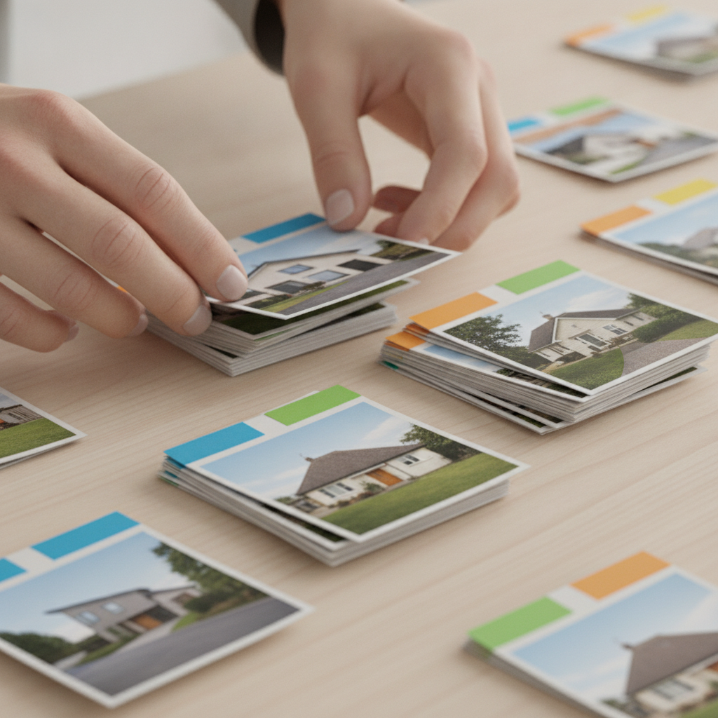 Close-up of organized home search cards and tabs showing property search tips for home buyers