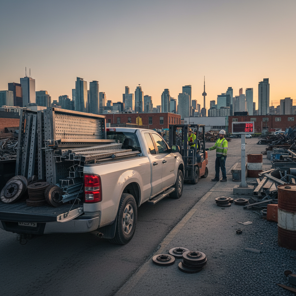 Pickup unloading sorted steel beams and rotors at an Etobicoke scrap yard drop-off lane