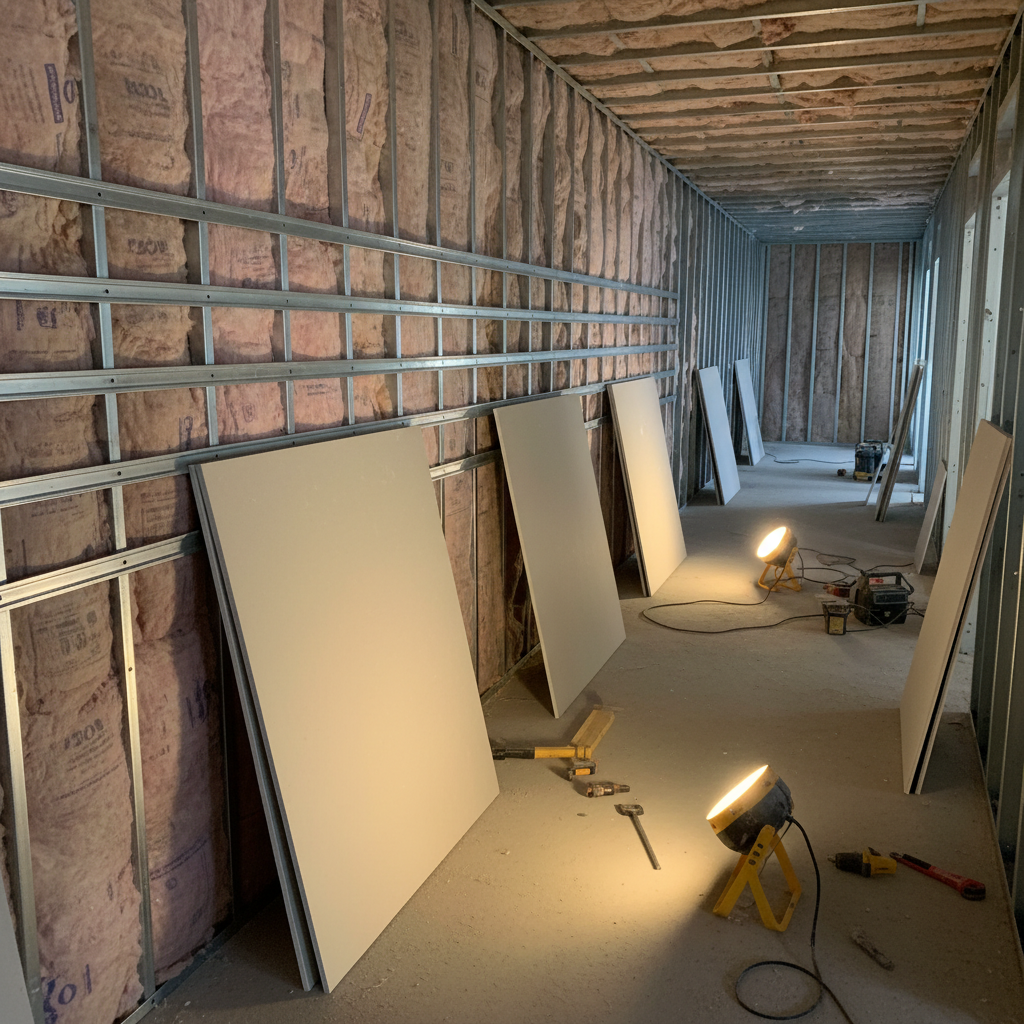 Side-angle scene of resilient channel installation on a corridor partition with insulation and staged drywall