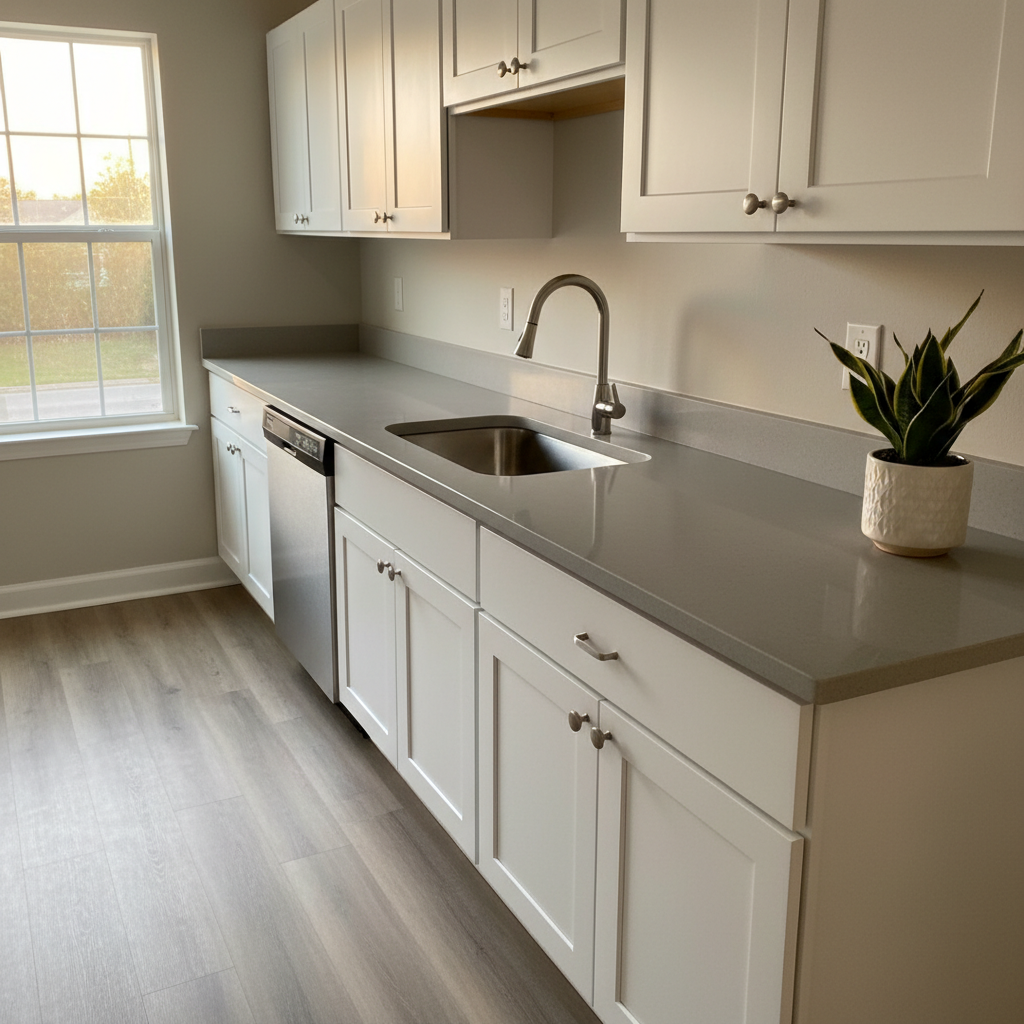 Finished rental apartment kitchen after remodel with standardized white shaker cabinets, subway tile, and LVP—move-in ready for faster turnovers