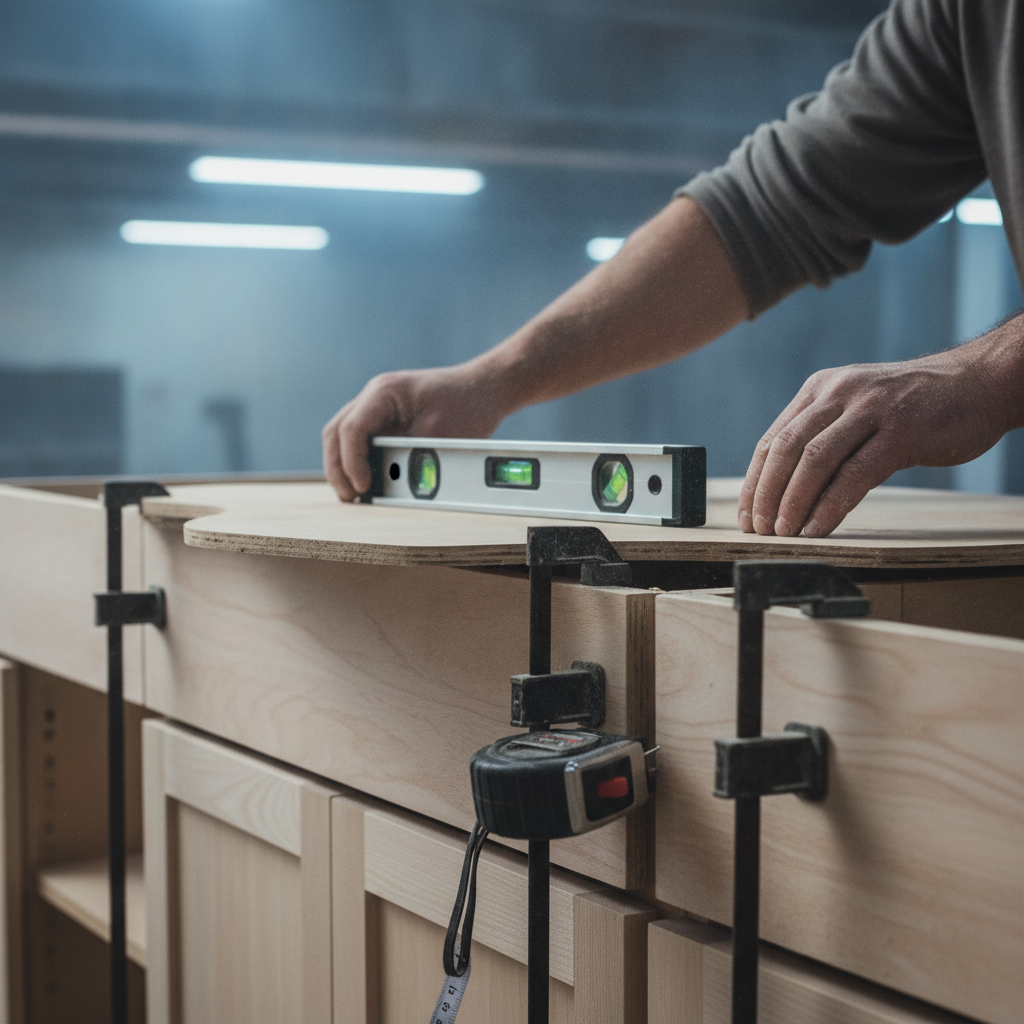 Close-up of countertop templating during a rental kitchen remodel timeline in London apartments