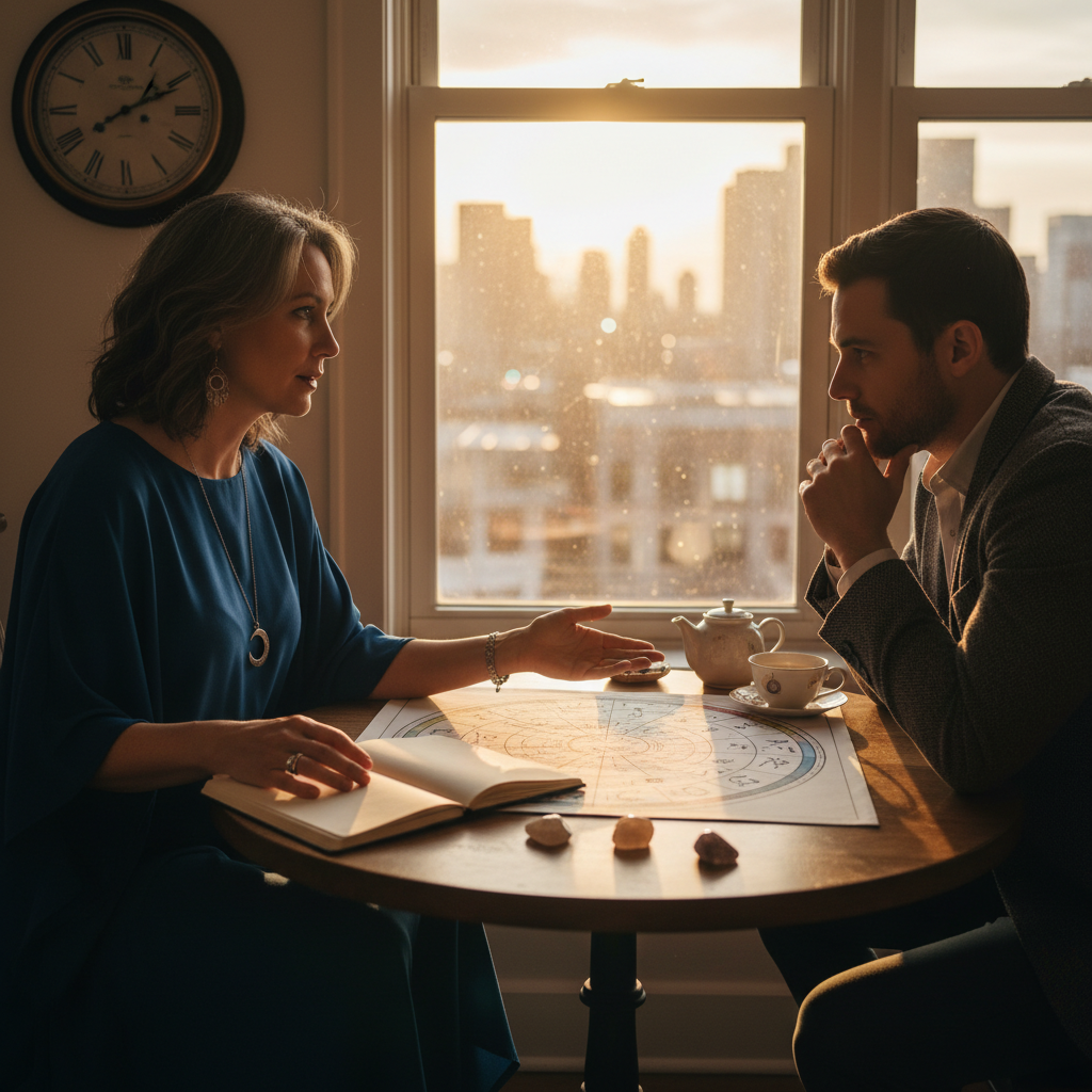 Astrologer and client applying birth chart analysis to life decisions in a Brampton consultation