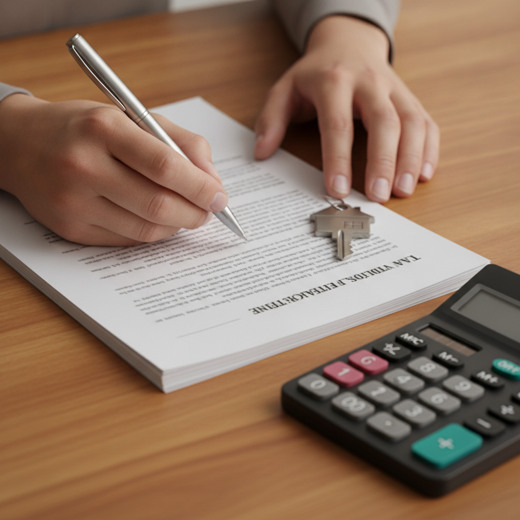 Close-up of signing refinance documents with keys and calculator, illustrating home loan refinance fees paperwork and settlement steps