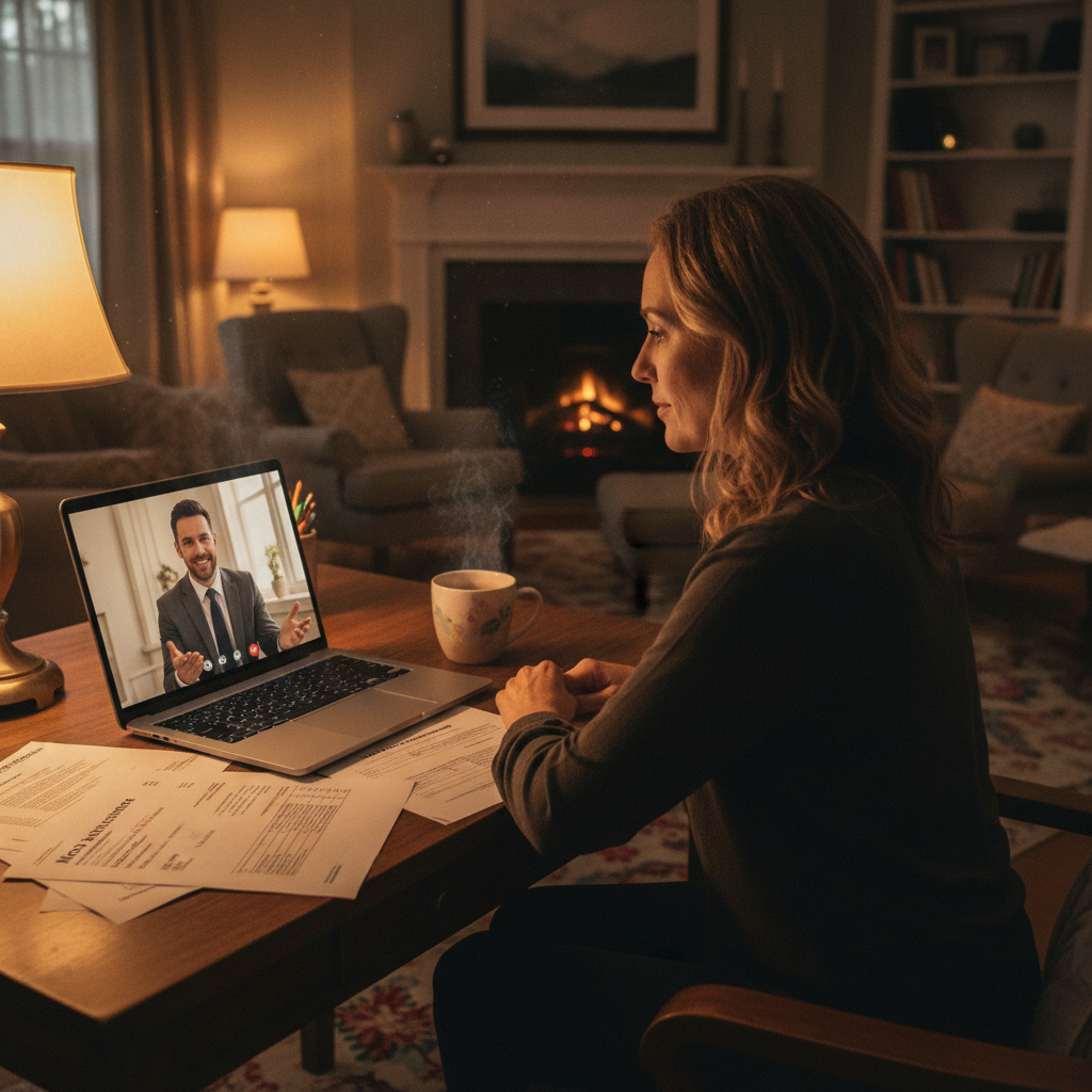 Video call with a mortgage broker to discuss refinance fees and loan options, cozy home setting