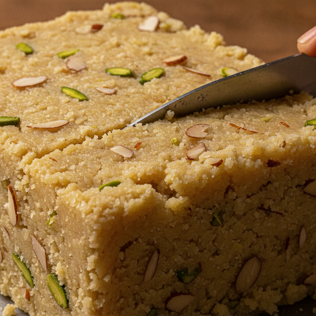Close-up kalakand texture in a Punjabi sweet shop showing pistachio garnish and desi ghee sheen