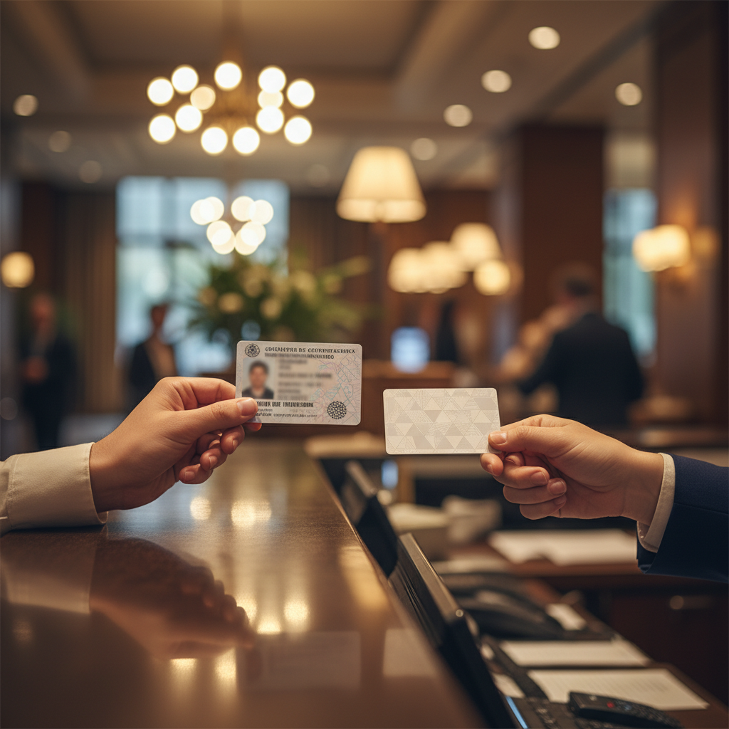 Close-up of a guest presenting ID at a North Conway motel front desk for hotel check-in time, friendly service in warm lobby lighting