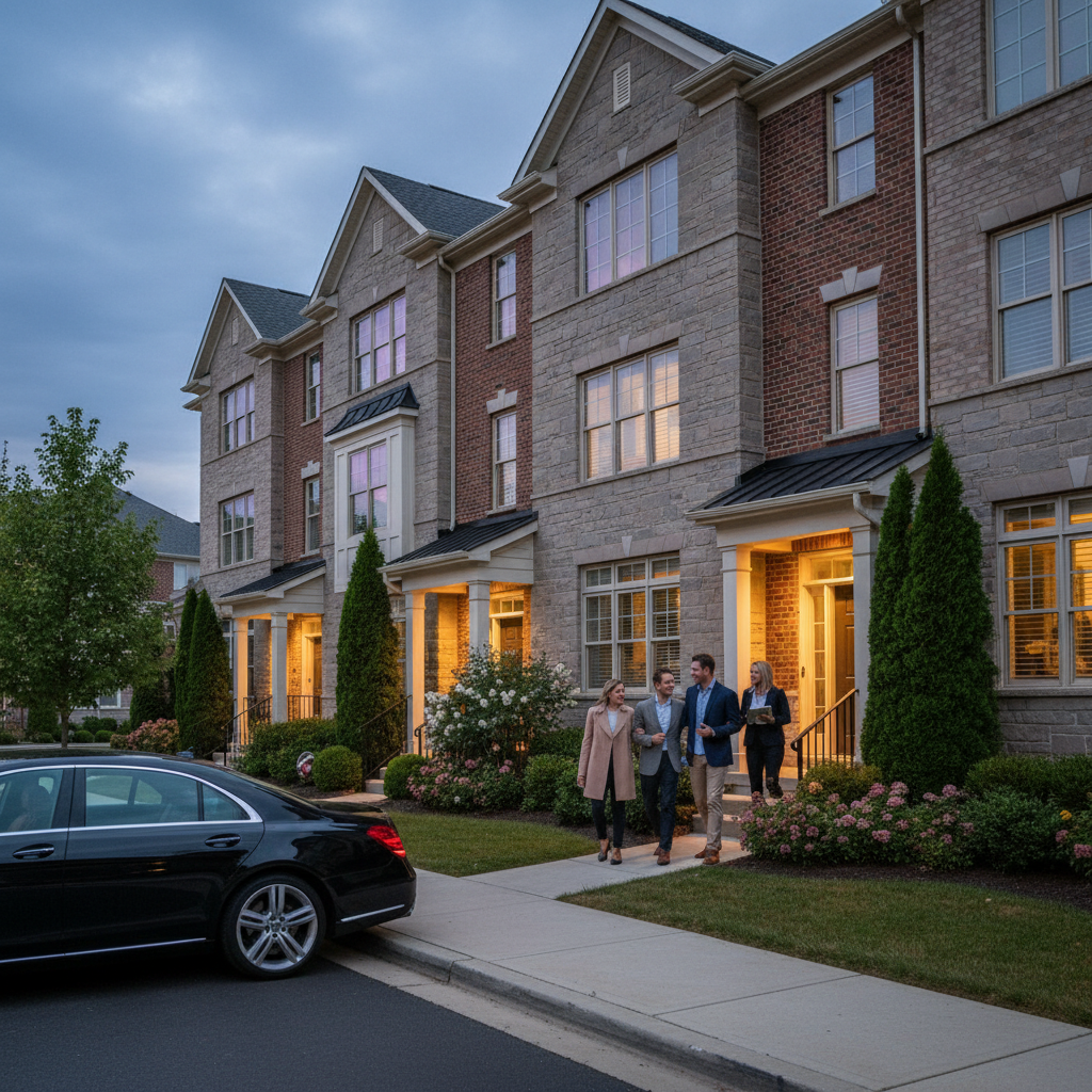 Arriving for a private home viewing at dusk in a quiet Cambridge townhome community