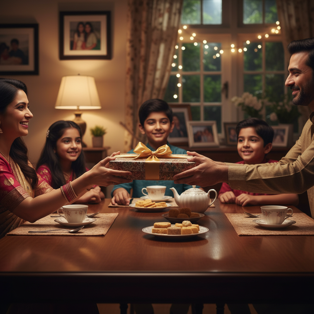 Gift-ready mithai box handoff in a warm home setting, representing Punjabi sweet shop gifting in Brampton