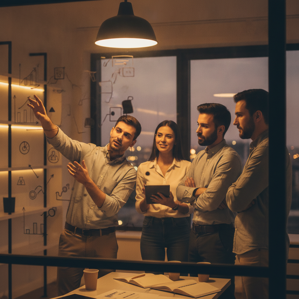 Team collaborating on an SEO content plan with charts and workflow steps, illustrating automation in an SEO content company