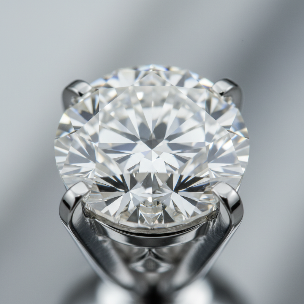 Close-up macro of a round brilliant in a six-prong solitaire showing facets for affordable diamond engagement rings