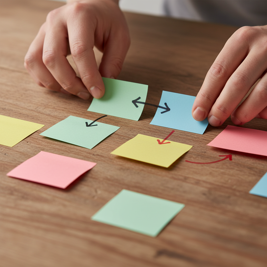 Close-up detail of topic cluster planning with sticky notes for an SEO content company workflow