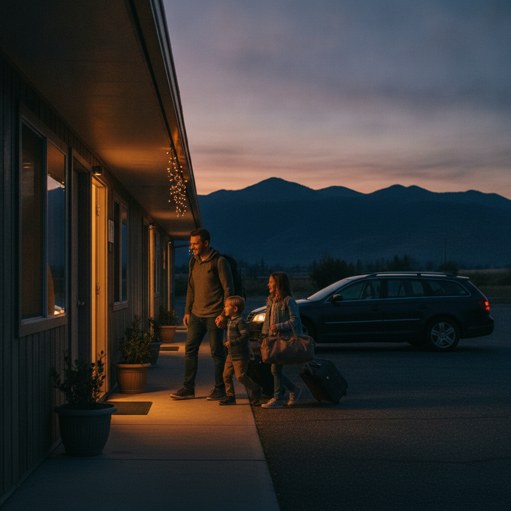 Family arriving at a North Conway motel room at dusk with luggage, illustrating late arrival arrangements and easy parking next to rooms