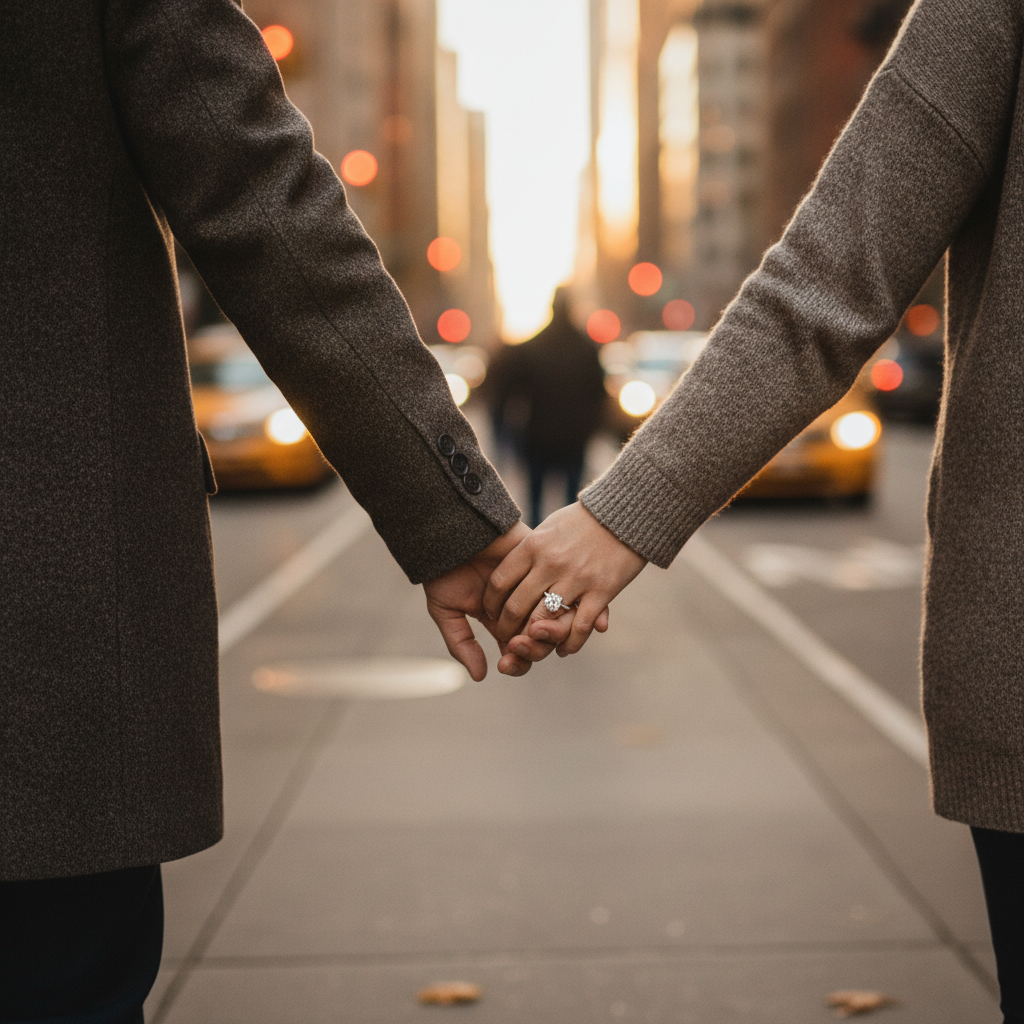 Lifestyle shot of a couple’s hands in Manhattan showing an elegant affordable diamond engagement ring during golden hour