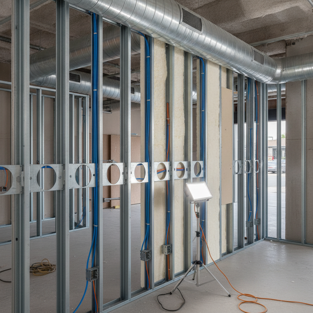 Detail shot of steel stud framing, conduit, and HVAC ductwork during convenience store building in Texas
