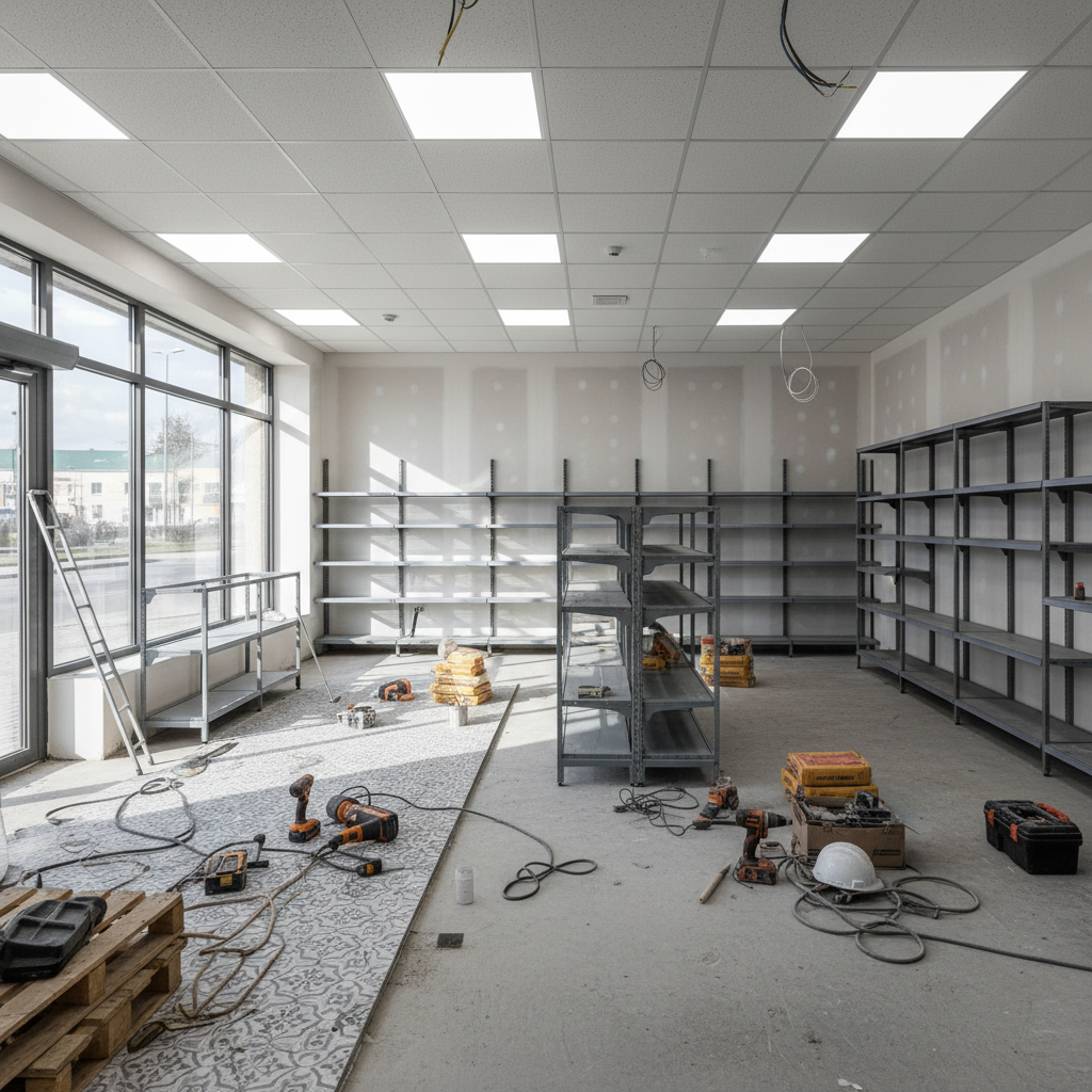 Interior of a convenience store under construction with shelving and lighting being installed in Texas