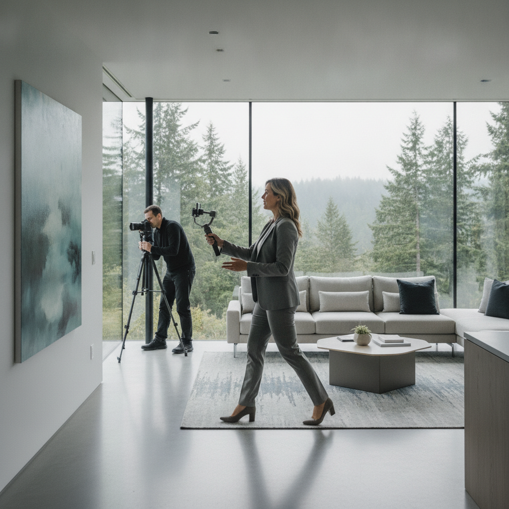 Realtor filming a vertical video tour with a gimbal while a photographer prepares HDR bracket shots in a bright living room in Maple Ridge